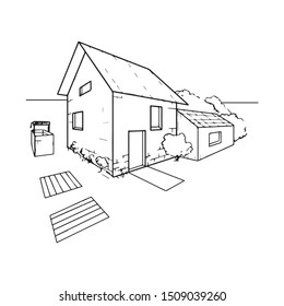 vector monochrome minimal illustration of a rustic yard with a small house and some outside plants and trees. An example of two point perspective