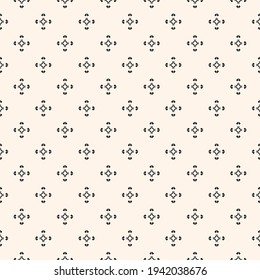 Vector monochrome minimal seamless pattern with small diamond shapes, rhombuses, tiny squares, arrows. Abstract black and white geometric texture. Simple minimalist background. Tribal ethnic motifs