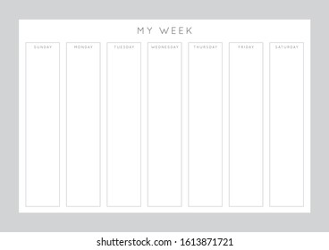 Vector monochrome minimalist abstract planner.Daily, weekly, monthly planner template.Blank printable horizontal notebook page with space for notes and goals.Business organizer.Paper sheet size A4.