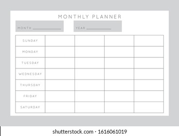 Vector monochrome minimalist abstract planner.Daily, weekly, monthly planner template.Blank printable horizontal notebook page with space for notes and goals.Business organizer.Paper sheet size A4.