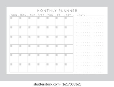 Vector monochrome minimalist abstract planner.Daily, weekly, monthly planner template.Blank printable horizontal notebook page with space for notes and goals.Business organizer.Paper sheet size A4.