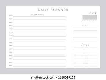 Vector monochrome minimalist abstract planner.Daily, weekly, monthly planner template.Blank printable horizontal notebook page with space for notes and goals.Business organizer.Paper sheet size A4.