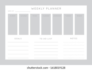 Vector monochrome minimalist abstract planner.Daily, weekly, monthly planner template.Blank printable horizontal notebook page with space for notes and goals.Business organizer.Paper sheet size A4.