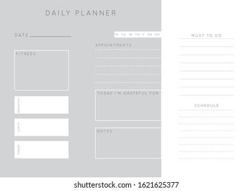 Vector monochrome minimalist abstract planner.Daily, weekly, monthly planner template.Blank printable horizontal notebook page with space for notes and goals.Business organizer.Paper sheet size A4.