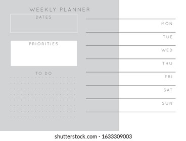 Vector monochrome minimalist abstract planner.Daily, weekly, monthly planner template.Blank printable horizontal notebook page with space for notes and goals.Business organizer.Paper sheet size A4.