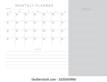 Vector monochrome minimalist abstract planner.Daily, weekly, monthly planner template.Blank printable horizontal notebook page with space for notes and goals.Business organizer.Paper sheet size A4.