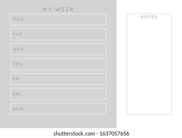 Vector monochrome minimalist abstract planner.Daily, weekly, monthly planner template.Blank printable horizontal notebook page with space for notes and goals.Business organizer.Paper sheet size A4.