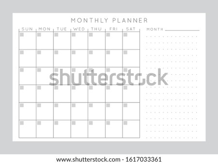 Vector monochrome minimalist abstract planner.Daily, weekly, monthly planner template.Blank printable horizontal notebook page with space for notes and goals.Business organizer.Paper sheet size A4.