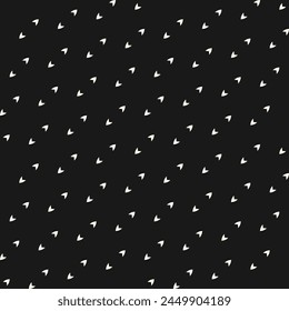 Fondo monocromo minimalista de Vector con Pequeñas flechas. Patrón sutil sin costuras con Formas pequeñas simples en cuadrícula diagonal. Textura geométrica abstracta mínima en blanco y negro. Diseño repetido oscuro