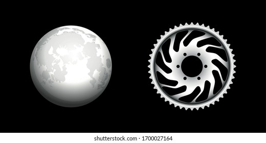Vector Monochrome Moon And Motorcycle Star. 3D. Hand Drawn