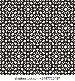 Vector monochrome mosaic seamless pattern. Black and white ornamental texture, islamic art style. Abstract elegant background. Geometric ornament with floral grid, lattice, mesh, net. Repeated design