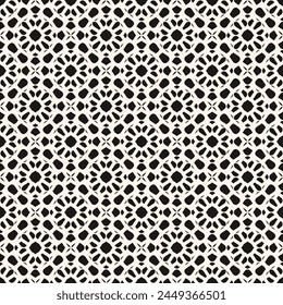 Vector monochrome mosaic seamless pattern. Black and white ornamental texture, islamic art style. Abstract elegant background. Geometric ornament with floral grid, lattice. Repeated design for decor