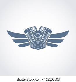 vector monochrome motorcycle club logo  with a motor and wings; bikers club logo; custom motorcycles service icon