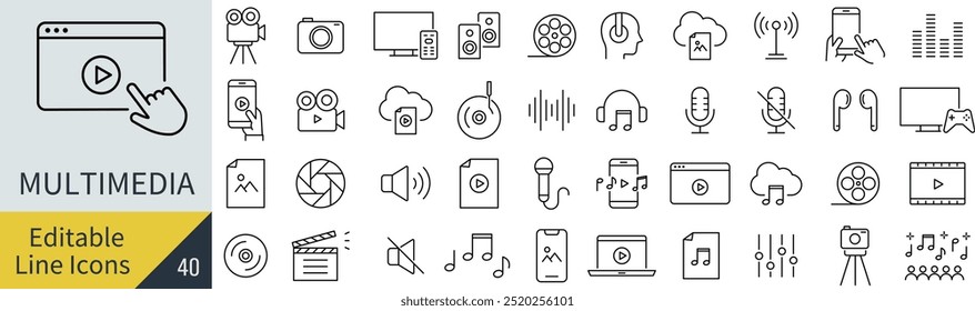 Vector Monochrome Multimedia Line Art Icon Set