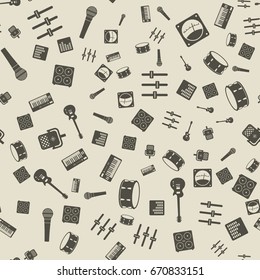 Vector Monochrome Music Gear Icons Seamless Pattern