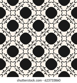 Vector monochrome ornament, seamless pattern in oriental style. Mesh illustration with floral shapes, circles, lattice. Abstract black white background texture, repeat tiles. Square design element