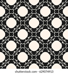 Vector monochrome ornament, seamless pattern in oriental style. Mesh illustration with floral silhouettes, circles, lattice. Abstract black & white background texture, repeat tiles. Square design
