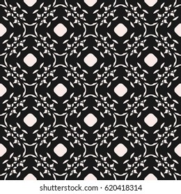 Vector monochrome ornament, subtle seamless pattern in oriental style. Traditional illustration with floral shapes, circles, delicate mesh. Abstract background texture, repeat tiles. Dark design