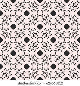 Vector monochrome ornament, subtle seamless pattern in oriental style. Traditional illustration with floral shapes, circles, delicate mesh. Abstract background texture, repeat tiles. Design for prints