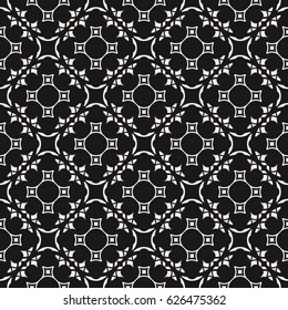 Vector monochrome ornament, subtle seamless pattern in oriental style. Illustration with floral shapes, delicate mesh. Abstract black & white background texture. Dark tileable design for prints, decor