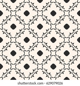 Vector monochrome ornament, subtle seamless pattern in oriental style. Mesh illustration with floral shapes, circles, lattice. Abstract black & beige background texture, repeat tiles. Square design