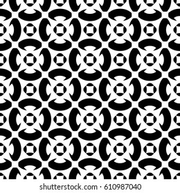 Vector monochrome ornament texture, seamless pattern in oriental style, floral lattice. Black & white square illustration with simple geometric figures, flowers, circles, rhombuses. Abstract backdrop 