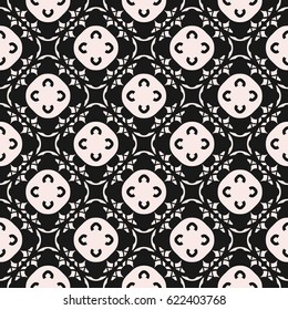 Vector monochrome ornament texture. Seamless pattern in oriental style. Mesh illustration with floral silhouettes. Arabesque motif, repeat tiles, rounded lattice. Design for decor, covers, prints, web
