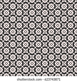 Vector monochrome ornament texture, seamless pattern in oriental style, floral lattice. Black white illustration with simple geometric figures, flowers, circles, rhombuses. Abstract repeat backdrop