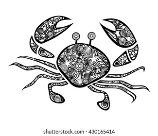 Vector monochrome ornamental Crab isolated on white background for coloring book or coloring page. Adult anti-stress art therapy. Tribal patterned Crab for poster, print or t-shirt design
