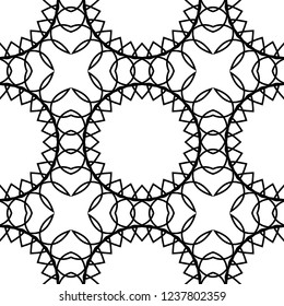 Vector monochrome ornamental pattern. Abstract geometric seamless texture with floral shapes, mesh, grid, lattice, lace. Black and white background. Elegant repeat design for decor, carpet, fabric