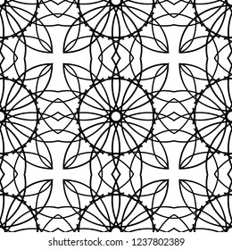 Vector monochrome ornamental pattern. Abstract geometric seamless texture with floral shapes, mesh, grid, lattice, lace. Black and white background. Elegant repeat design for decor, carpet, fabric