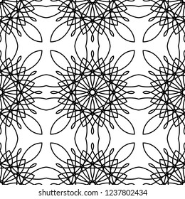Vector monochrome ornamental pattern. Abstract geometric seamless texture with floral shapes, mesh, grid, lattice, lace. Black and white background. Elegant repeat design for decor, carpet, fabric