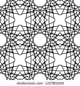 Vector monochrome ornamental pattern. Abstract geometric seamless texture with floral shapes, mesh, grid, lattice, lace. Black and white background. Elegant repeat design for decor, carpet, fabric