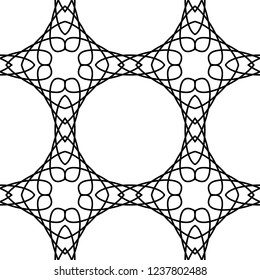 Vector monochrome ornamental pattern. Abstract geometric seamless texture with floral shapes, mesh, grid, lattice, lace. Black and white background. Elegant repeat design for decor, carpet, fabric