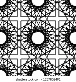 Vector monochrome ornamental pattern. Abstract geometric seamless texture with floral shapes, mesh, grid, lattice, lace. Black and white background. Elegant repeat design for decor, carpet, fabric