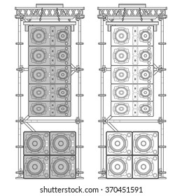 vector monochrome outline event line array massive loudspeakers satellites suspended metal scaffold subwoofers isolated illustration white background 