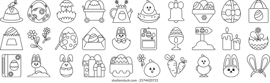 Vector monochrome outline icon set for easter day event