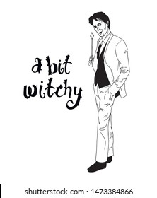 vector monochrome outline illustration with a magician with magic wand, augmented with A Bit Witchy sign.