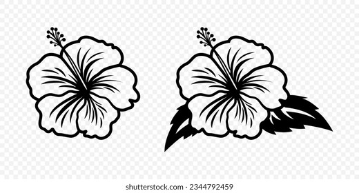 Vector Monochrome Outline Ink Hibiscus. Chinese Rose Set. Floral Design Elements. Hibiscus Flower Linear Black and White Icon, Tattoo. Hibiscus Flowers Isolated