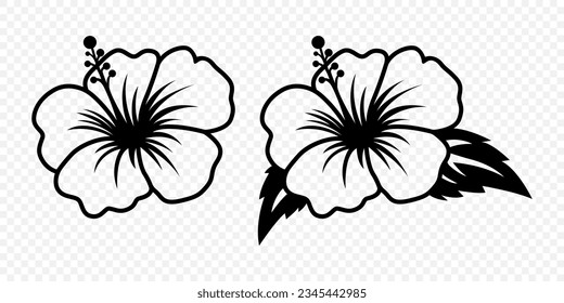 Vector Monochrome Outline Ink Hibiscus. Chinese Rose Set. Floral Design Elements. Hibiscus Flower Linear Black and White Icon, Tattoo. Hibiscus Flowers Isolated