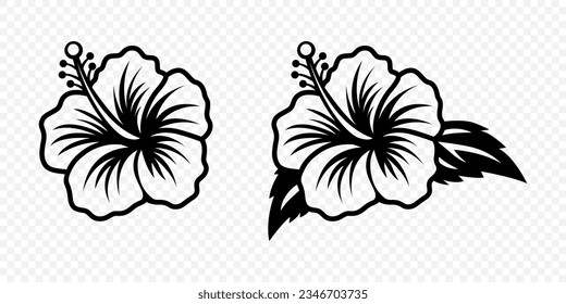 Tinta de contorno monocromática vectorial Hibiscus. Juego de rosas chino. Elementos de diseño floral. Ícono blanco y negro de flores de Hibiscus, tatuaje. Flores Hibiscus aisladas