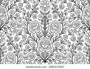 Vector monochrome outline seamless pattern with decorative floral arrangement. Texture with contour peonies, daisies, foliage for textile and wallpaper