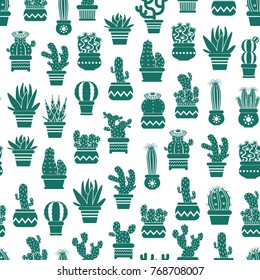 Vector monochrome pattern with cacti in plant pots. Cactus and houseplant seamless botanical pattern