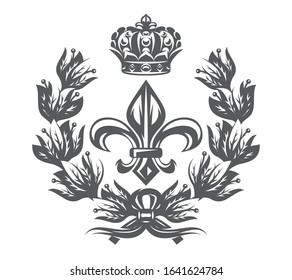 Vector monochrome pattern with Fleur de Lis, laurel wreath and imperial crown.