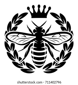 Vector monochrome pattern with flying bee and crown