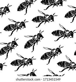 Patrón monocromo vectorial con abeja miel. Estilo de grabado.Gráficos de mano libre en blanco y negro.Insectos en perfil, vista lateral