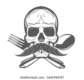 Vector monochrome pattern with skull, spoon and fork.