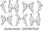 Vector monochrome pattern with tracery contour butterfly wings. Entomology surface design. Texture with black outline fairy wings on a white background. 