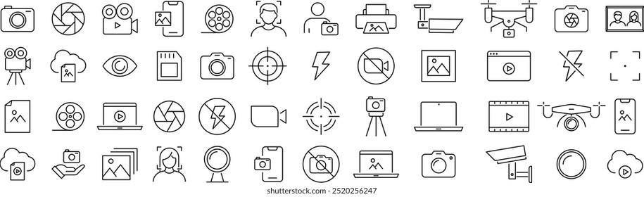 Vector Monochrome Photo and Video Line Art Icon Set