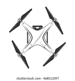 Vector monochrome picture of drone top view. Illustration for labels, badges and logos design. Isolate on white background